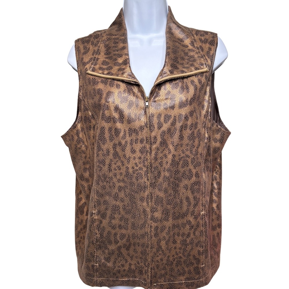 CHICO'S Women Bronze Metallic Leopard Print Zip Front Vest Sz 2/L Mob Wife Glam